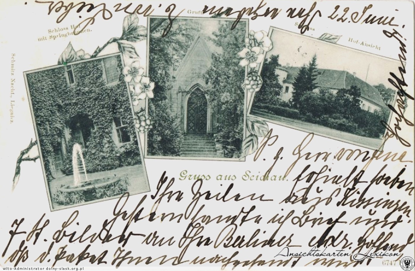 Polska org.pl: Sichów na pocztówce – 1905 rok. Środkowe zdjęcie pokazuje mauzoleum w parku pałacowym.